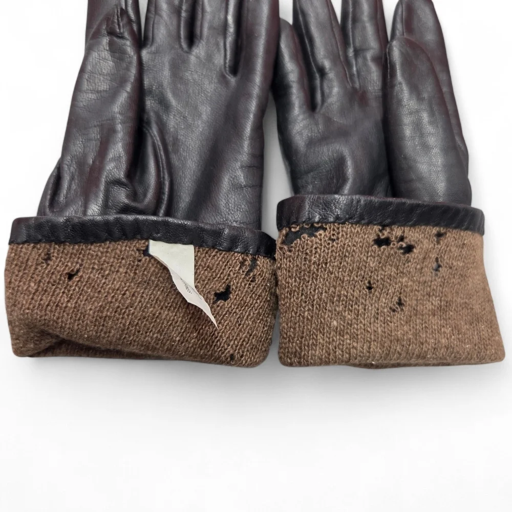 Vtg Isotoner Ladies Black Leather and Brown Cashmere Knit Gloves Size 7 Sm/Med**